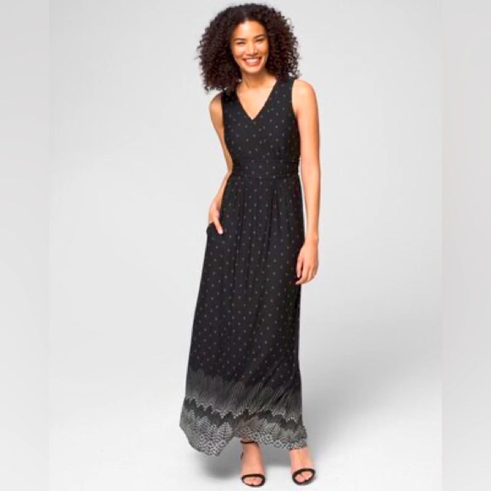Soma Intimates V Neck Maxi Dress Pockets Built In Bra Black White Print Sz Med